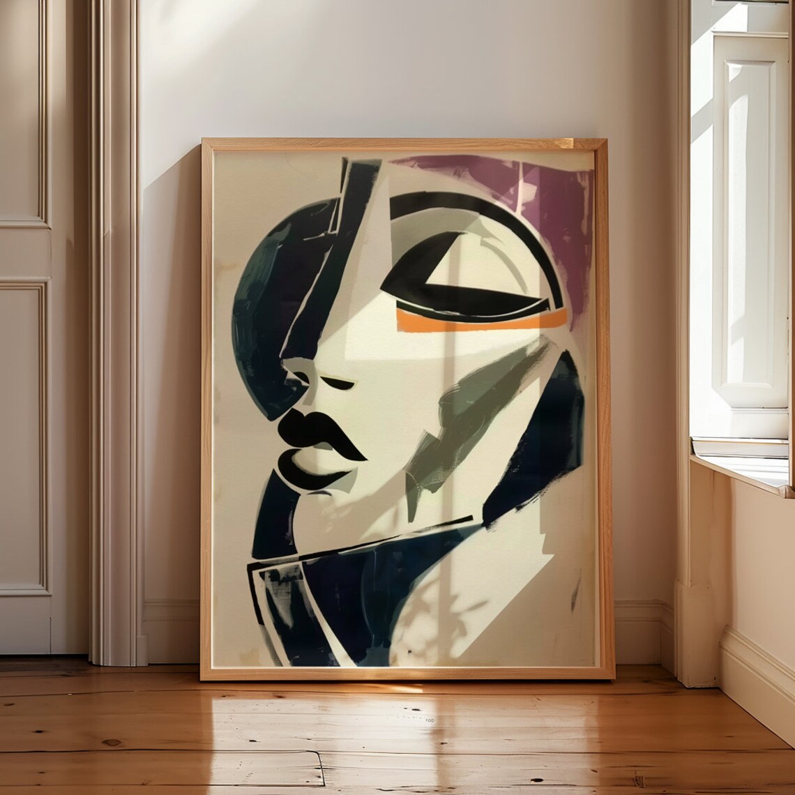 Cubist Woman Face Abstract Modern Beige Black Line Art Poster - Image 3