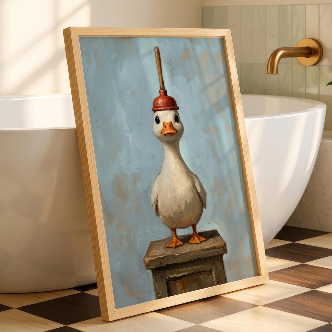 Funny White Duck with a Red Plunger Hat Quirky Bathroom Print