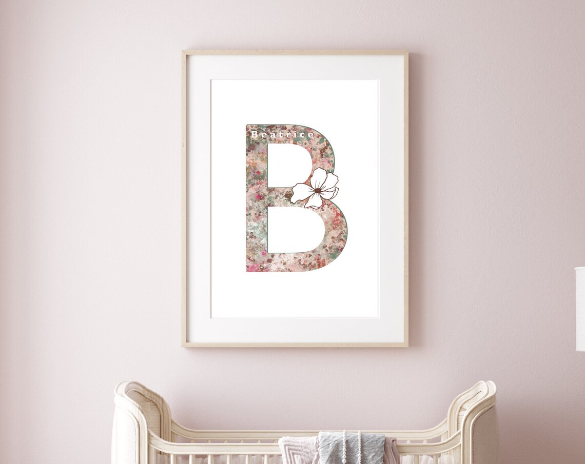 Letter B Cosmos Floral Poster with Name Beatrice for Nursery Room