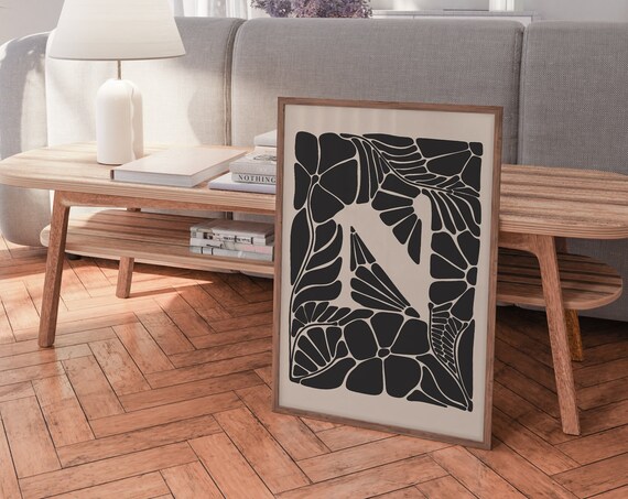 Letter N Botanical Monogram Black Floral Initial Art Nouveau Poster