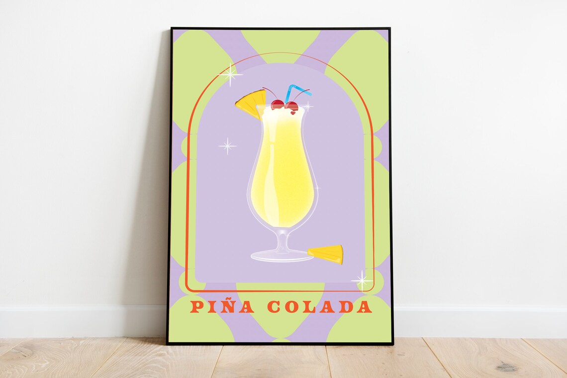 Pina Colada Tropical Retro Cocktail Purple Bar Cart Art Print