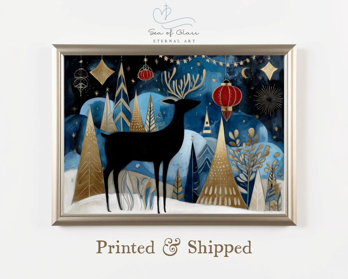 Folk Art Christmas Reindeer Poster Navy Gold Holiday Night Scene