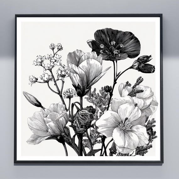 Monochrome Botanical Poster Stylish Vintage Flower Illustration Wall Art Instant