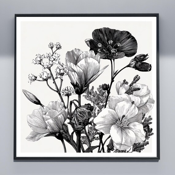 Monochrome Botanical Vintage Black and White Flower Art Poster