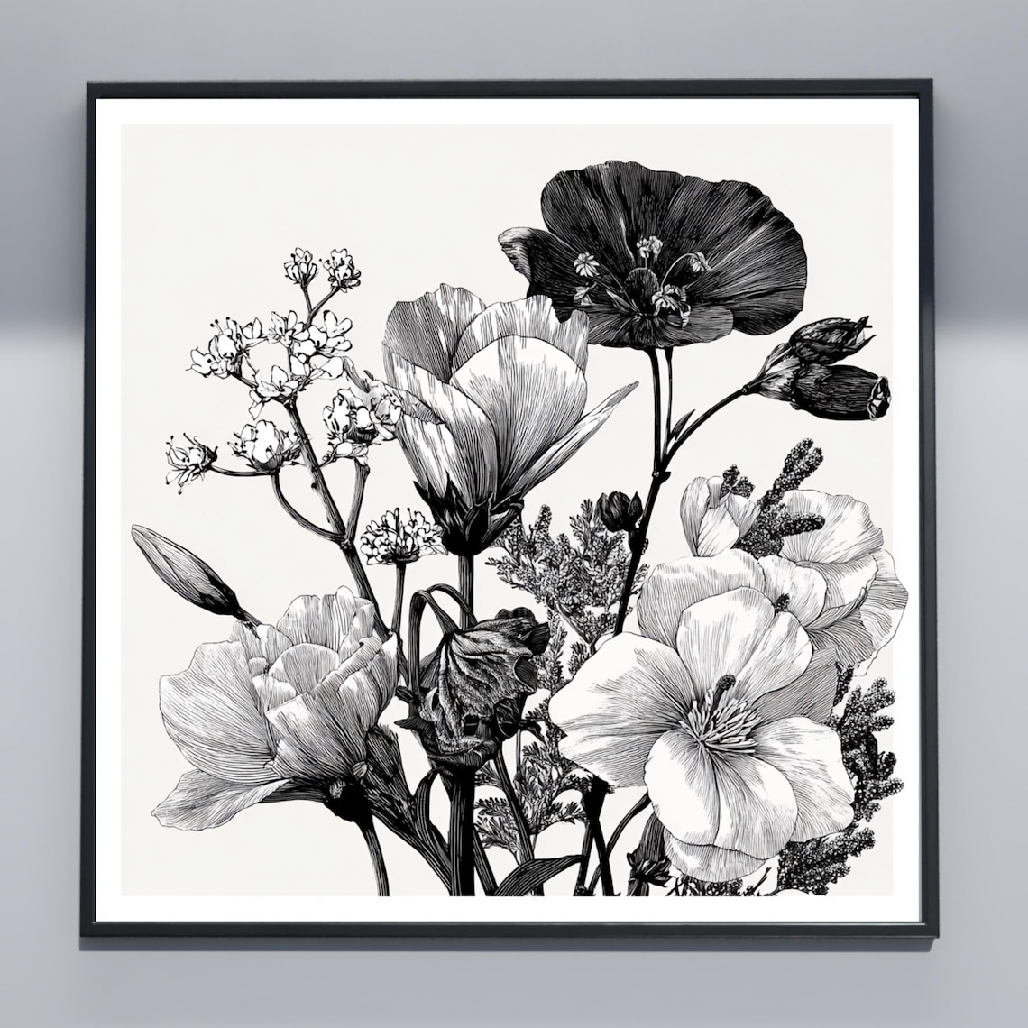 Monochrome Botanical Vintage Black and White Flower Art Poster