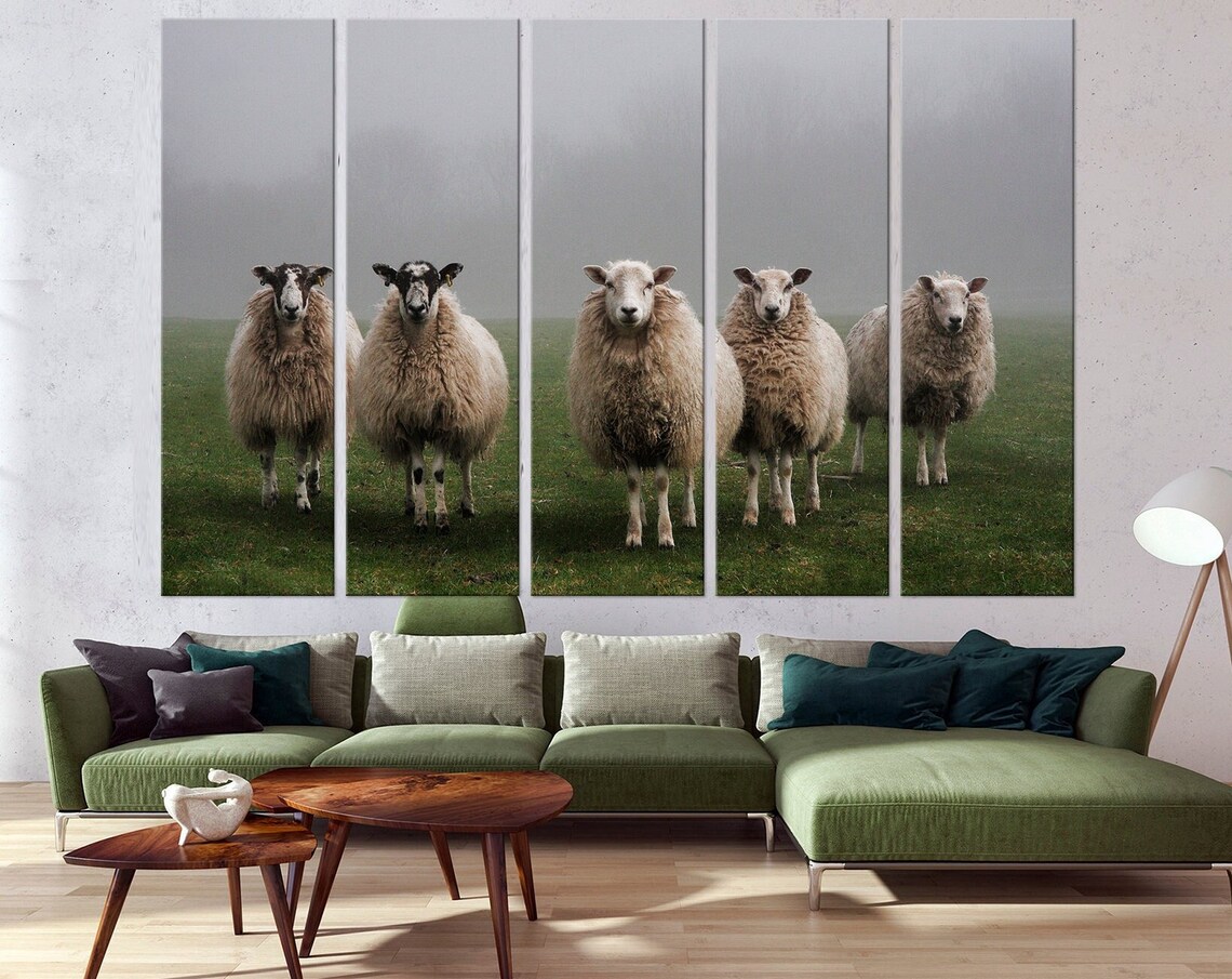Curious Sheep Flock Foggy Green Pasture Farm Animal Photography Poster