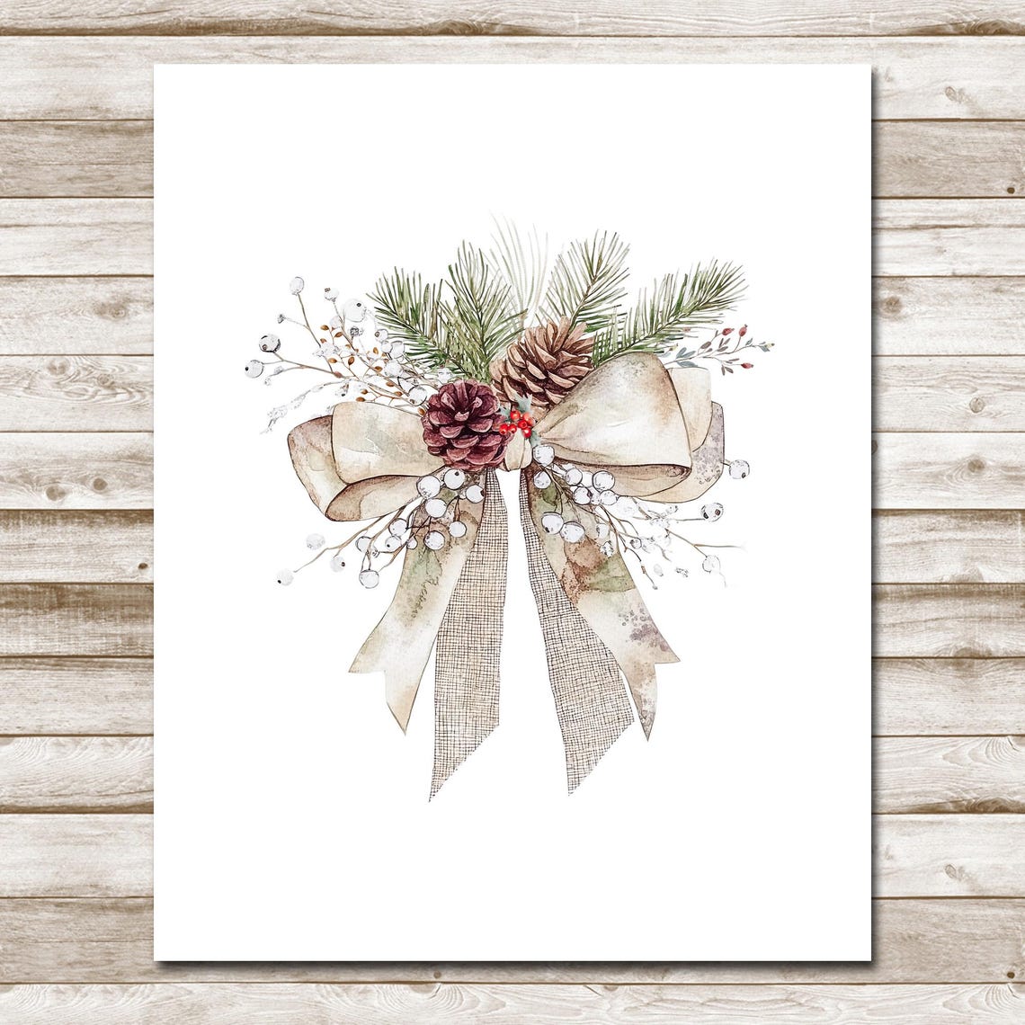 Rustic Holiday Bow Pinecones Berries Watercolor Christmas Poster - Image 4