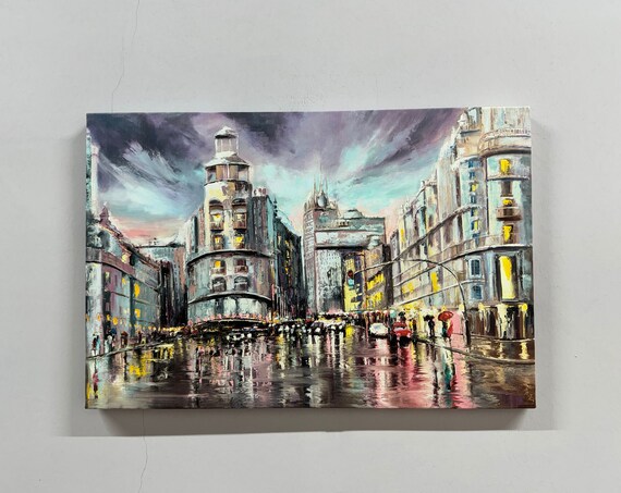 Madrid Cityscape Canvas Art Rainy Day Oil Painting Gran Via