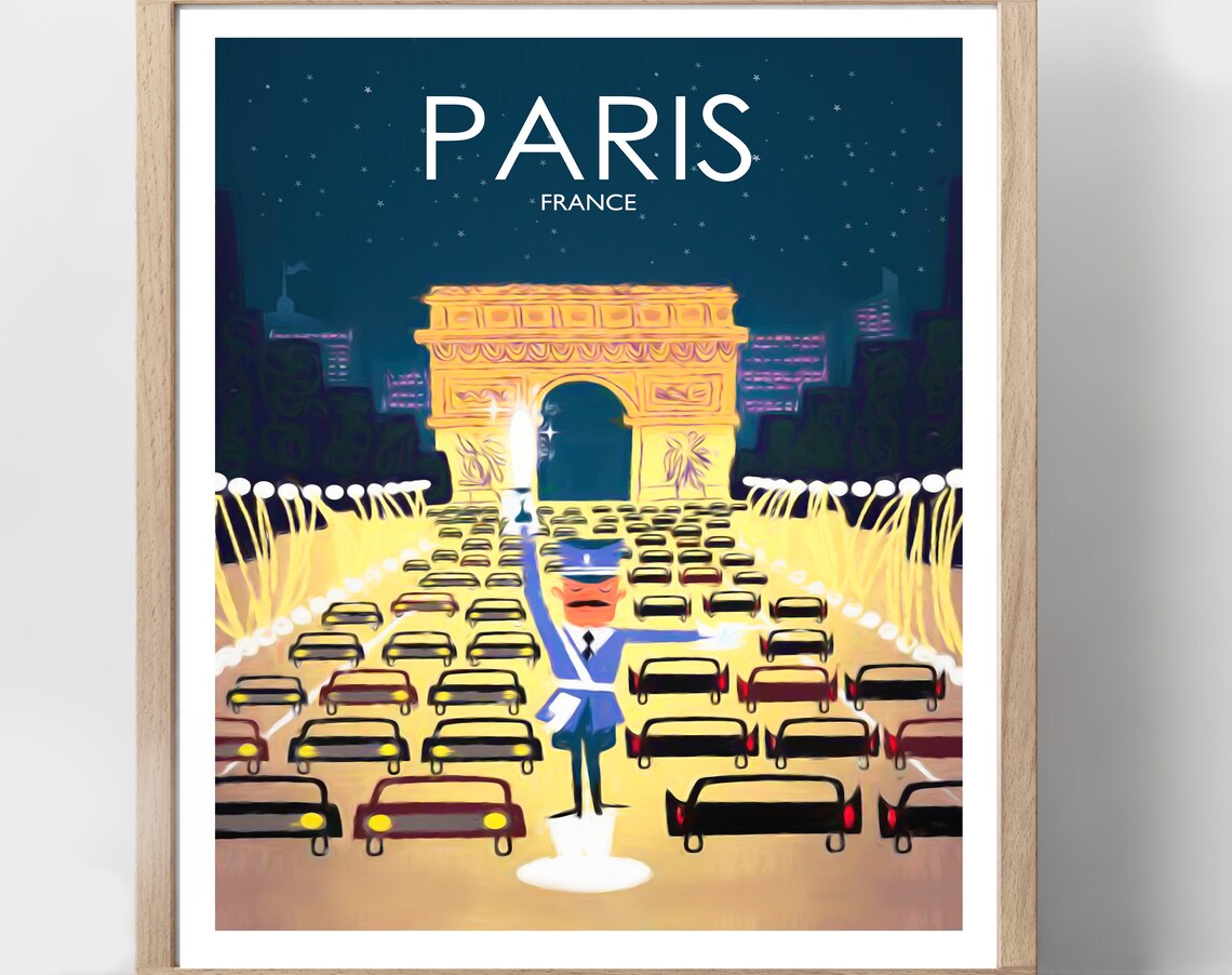 Paris France Arc De Triomphe Vintage Night Scene Travel Poster
