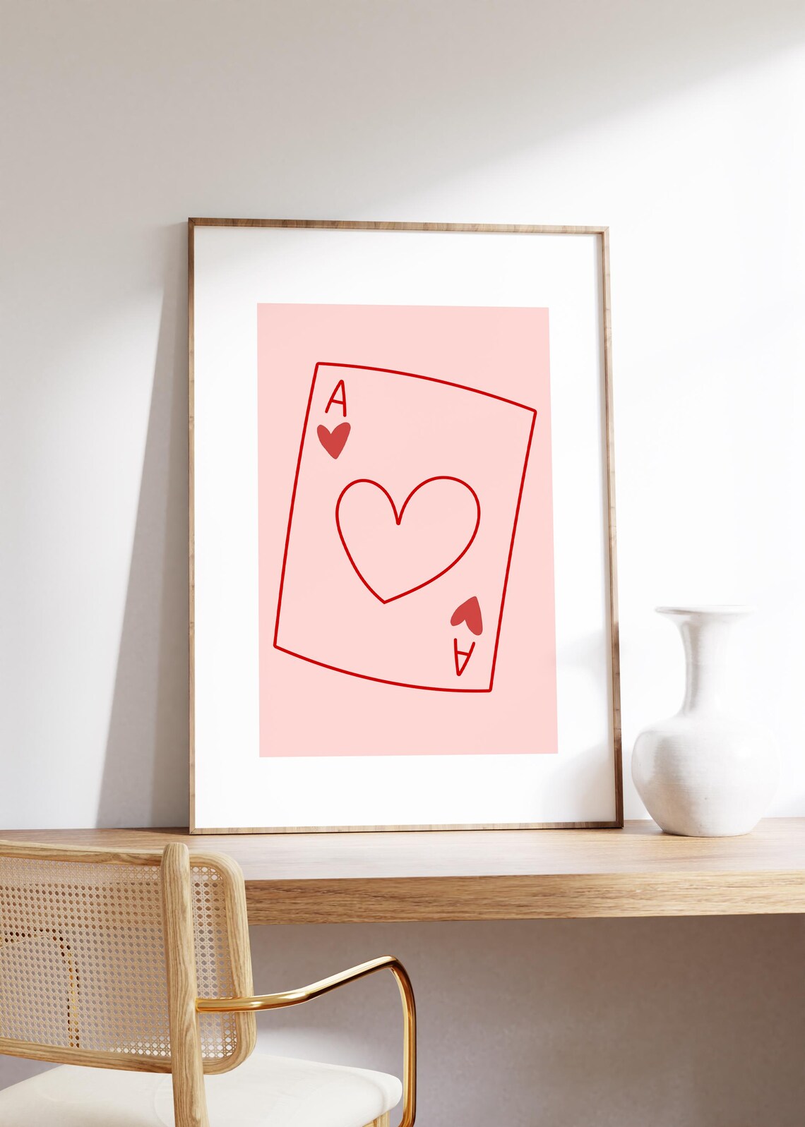 Ace of Hearts Playing Card Line Drawing Poster in Red and Pink - Image 2