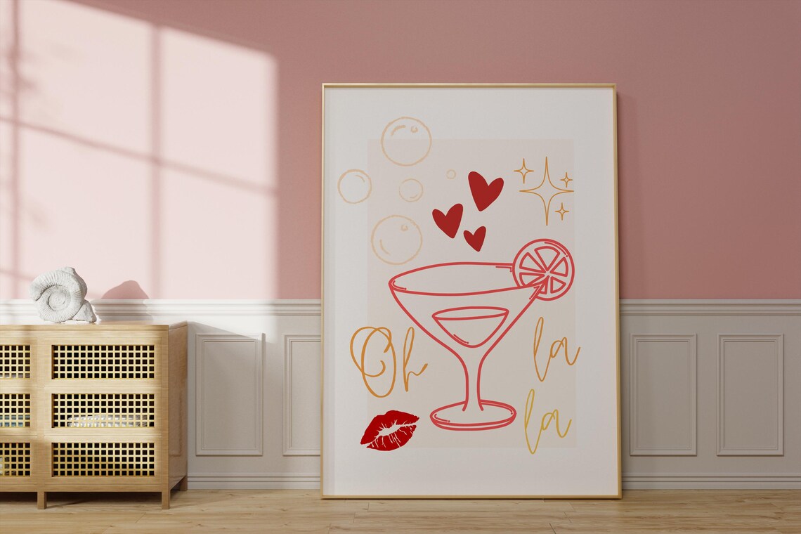 Oh La La Cocktail Glass Line Art Poster with Red Hearts Decor