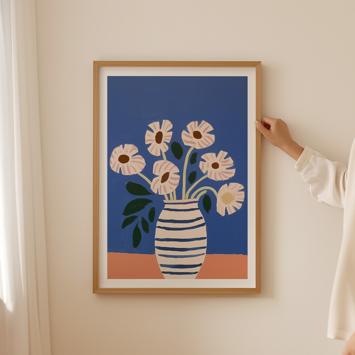 Pale Pink Flowers In Striped Vase On Cobalt Blue Background Poster