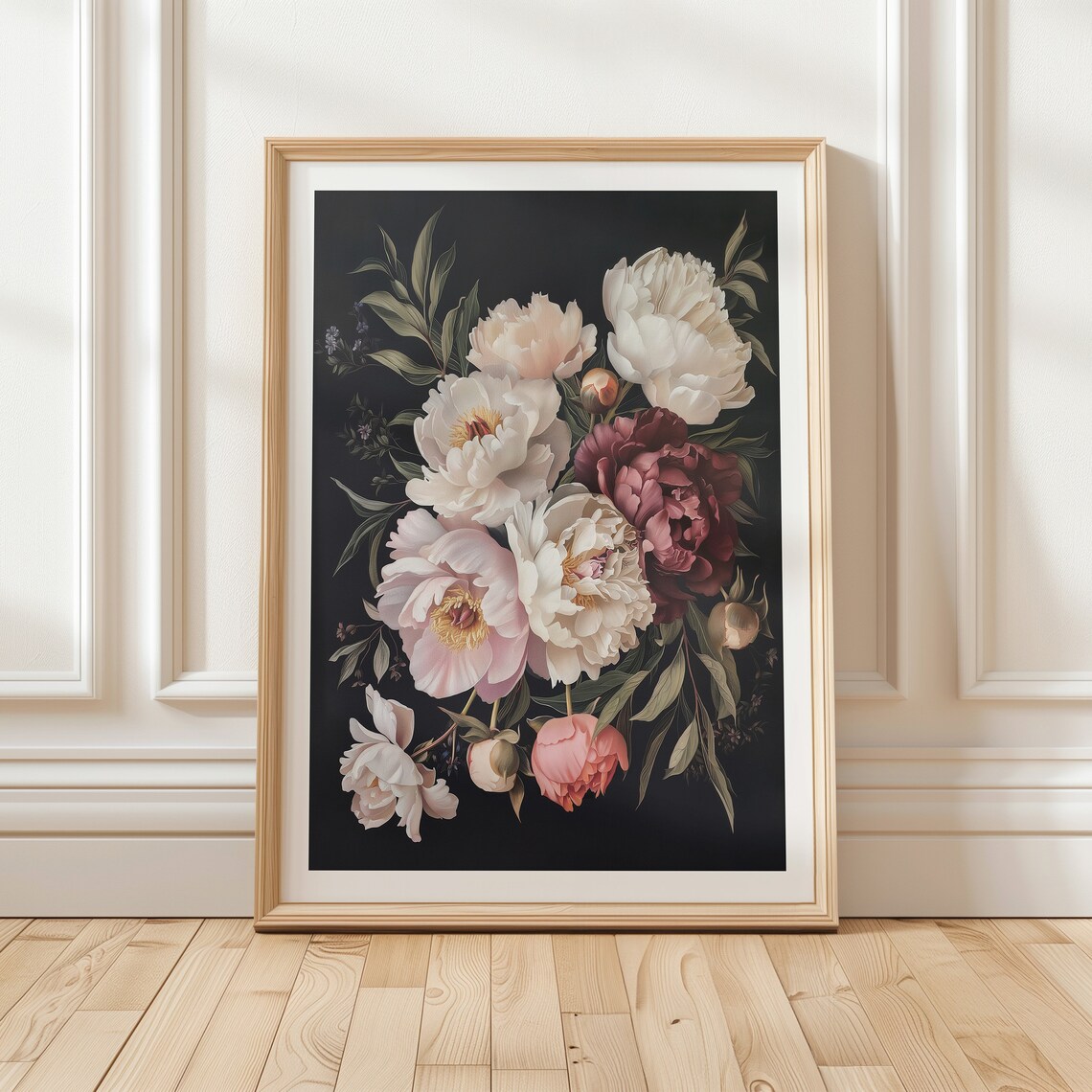White Blush and Burgundy Peonies Moody Dark Floral Bouquet Poster