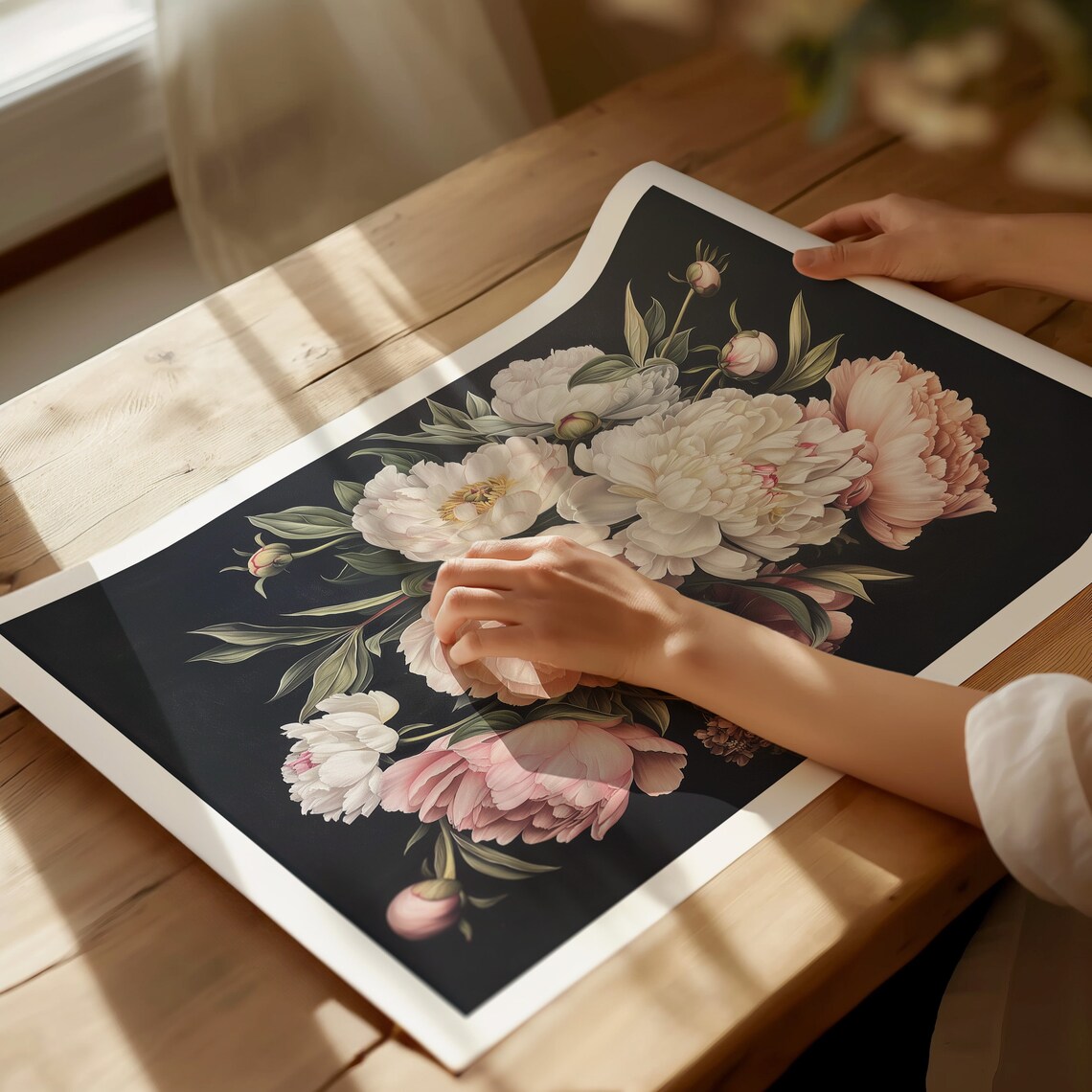 Cascading White Peonies on Black Elegant Dark Floral Still Life Poster - Image 3