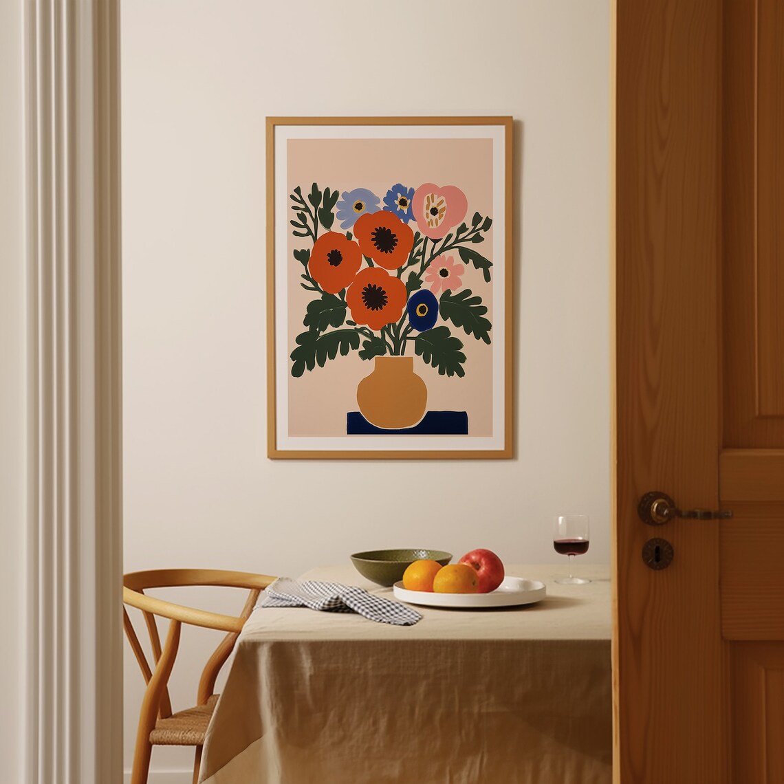Bold Red Poppies And Wildflowers In Ochre Vase Modern Floral Poster - Image 2