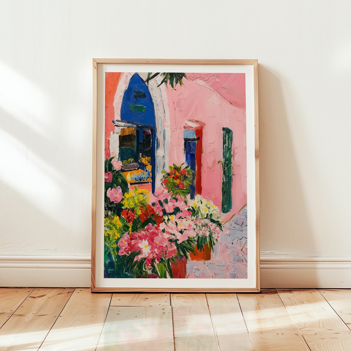 Colorful Flower Market Oil Painting With Pink Blue Door Facade Poster