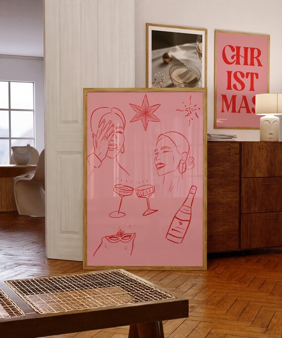 Pink New Year Celebration Red Line Illustration Champagne Toast Poster