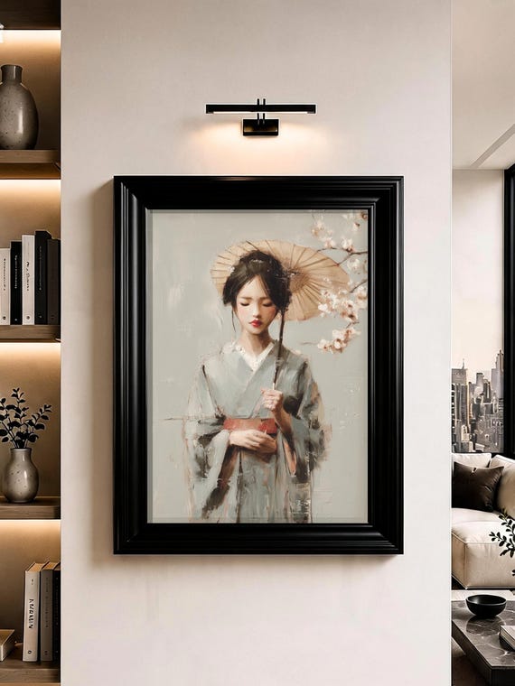 Japanese Kimono Woman Wall Art Cherry Blossom Parasol Japandi Print