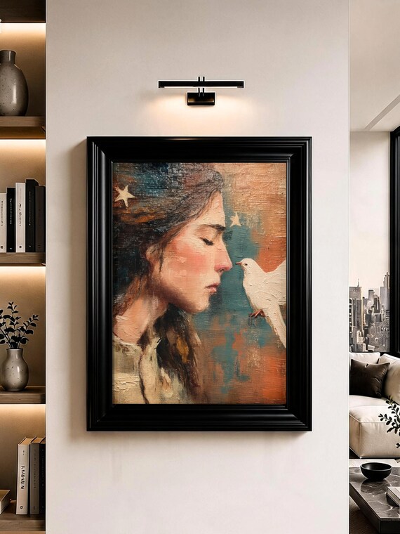 Woman With White Dove Wall Art Boho Oil Painting Print