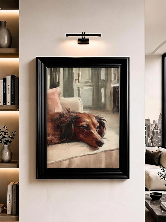 Dachshund Wall Art Long Haired Sausage Dog Oil Painting Print