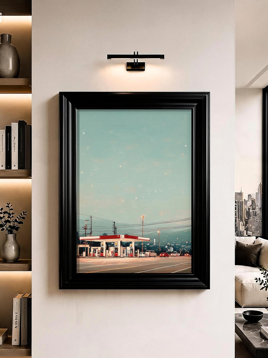 Night Gas Station Retro Americana Neon Street Scene Oil Art Poster