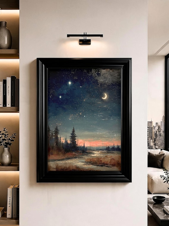 Crescent Moon Starry Night Forest, Art Print