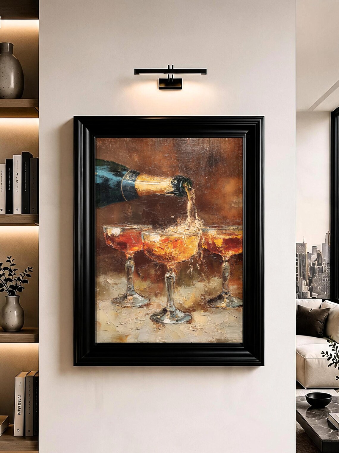 Champagne Bottle Pouring into Coupe Glasses Oil Painting Poster
