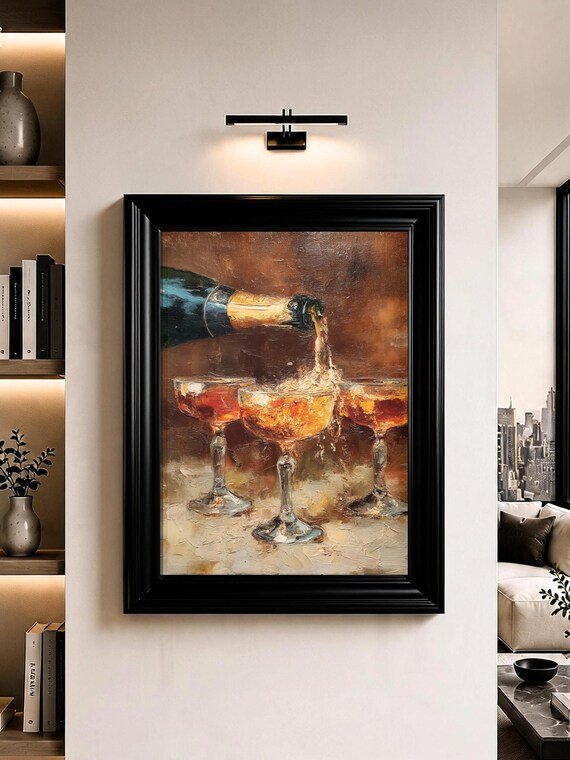 Champagne Bottle Pouring into Coupe Glasses Oil Painting Poster