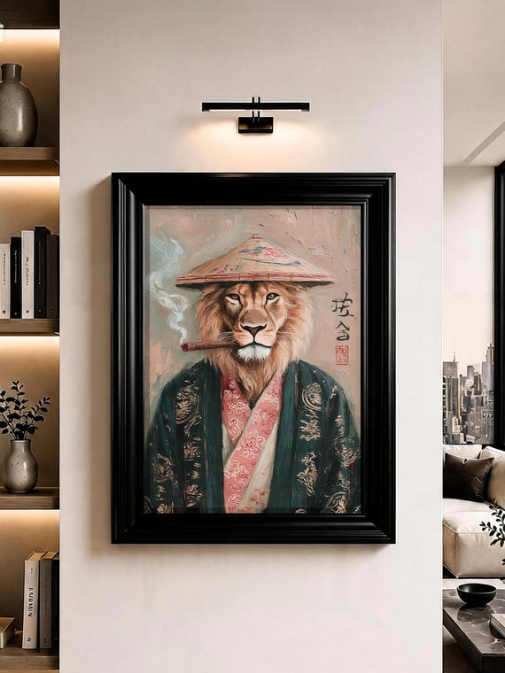 Japanese Lion Wall Art Samurai Cigar Oil Painting Fine Print