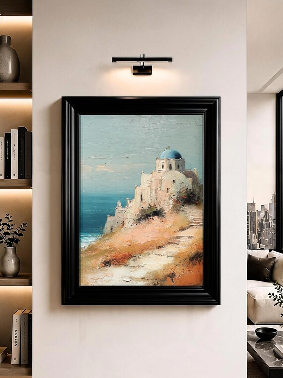 Santorini Greece Wall Art Blue Dome Mediterranean Oil Painting Print