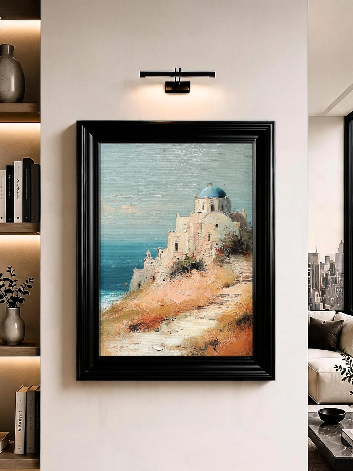 Santorini Chapel with Blue Dome on Cliffside Oil Painting Poster