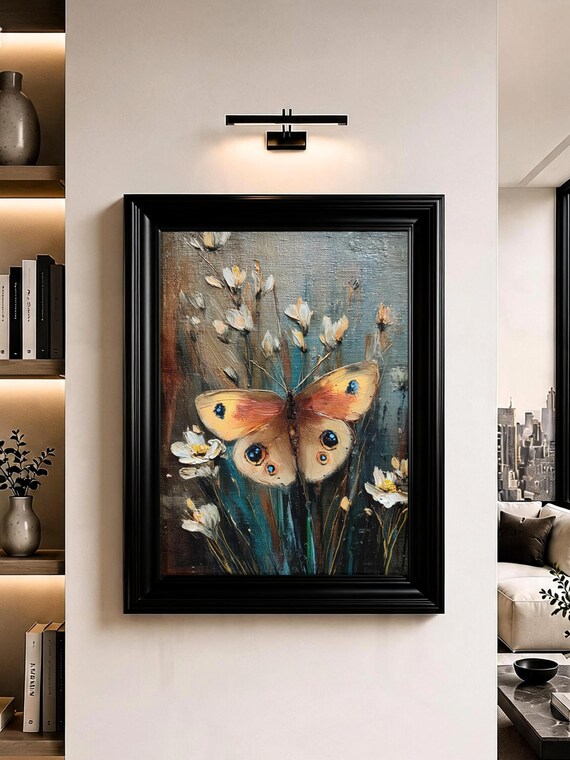 Golden Butterfly Wall Art Floral Botanical Oil Painting Print
