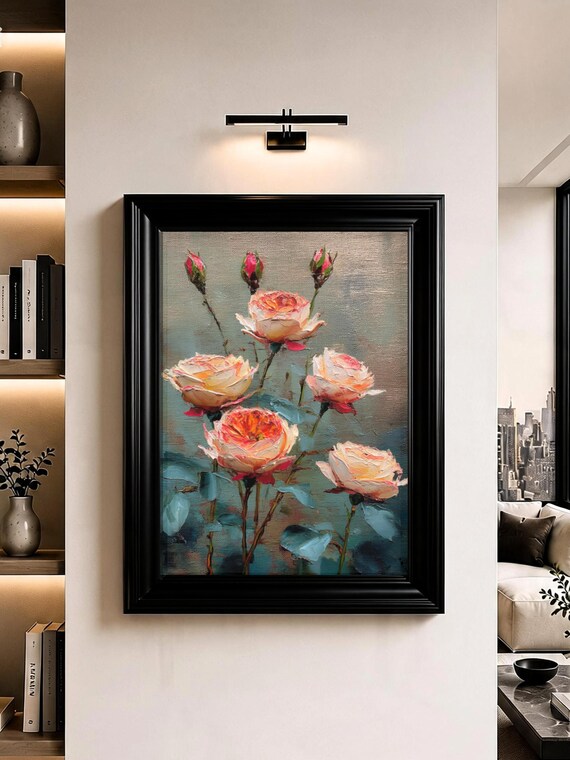 Peach Rose Wall Art Floral Botanical Oil Painting Print