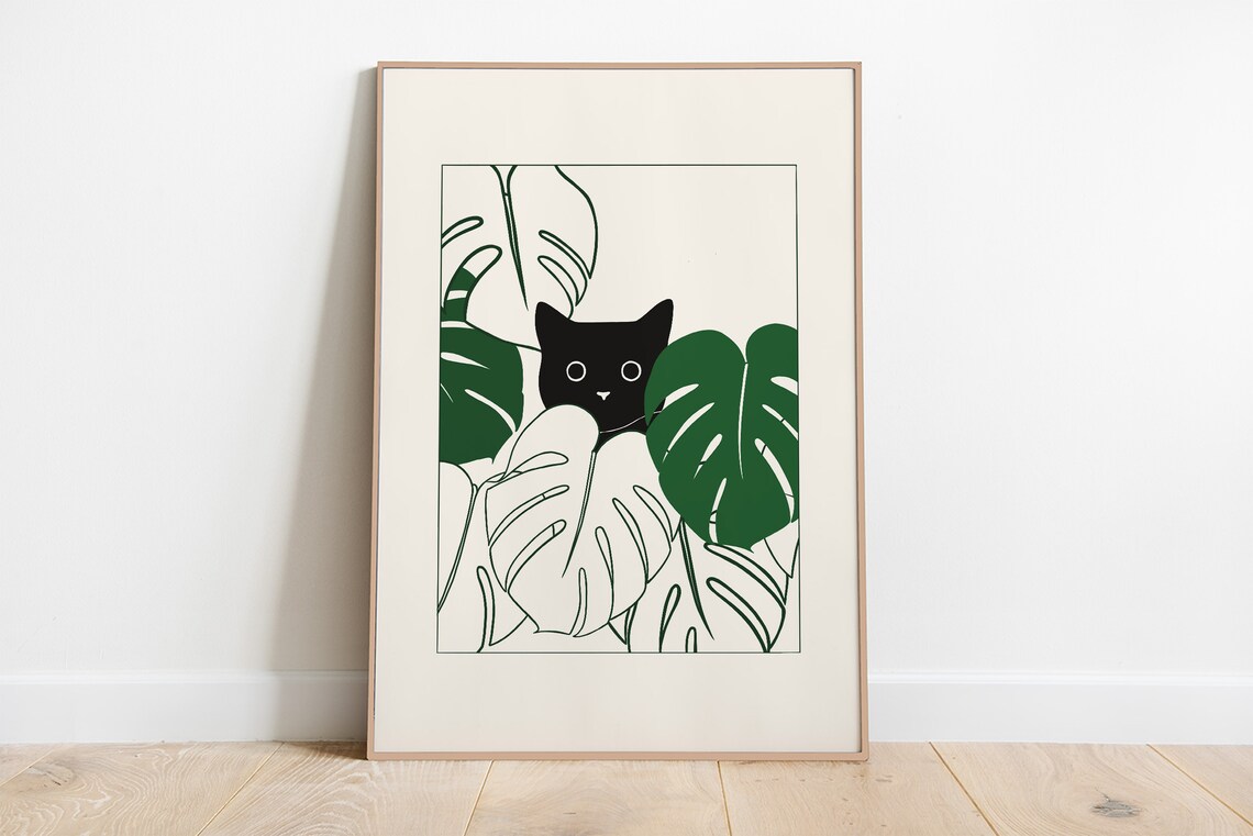 Black Cat With Monstera Art Print - Image 3