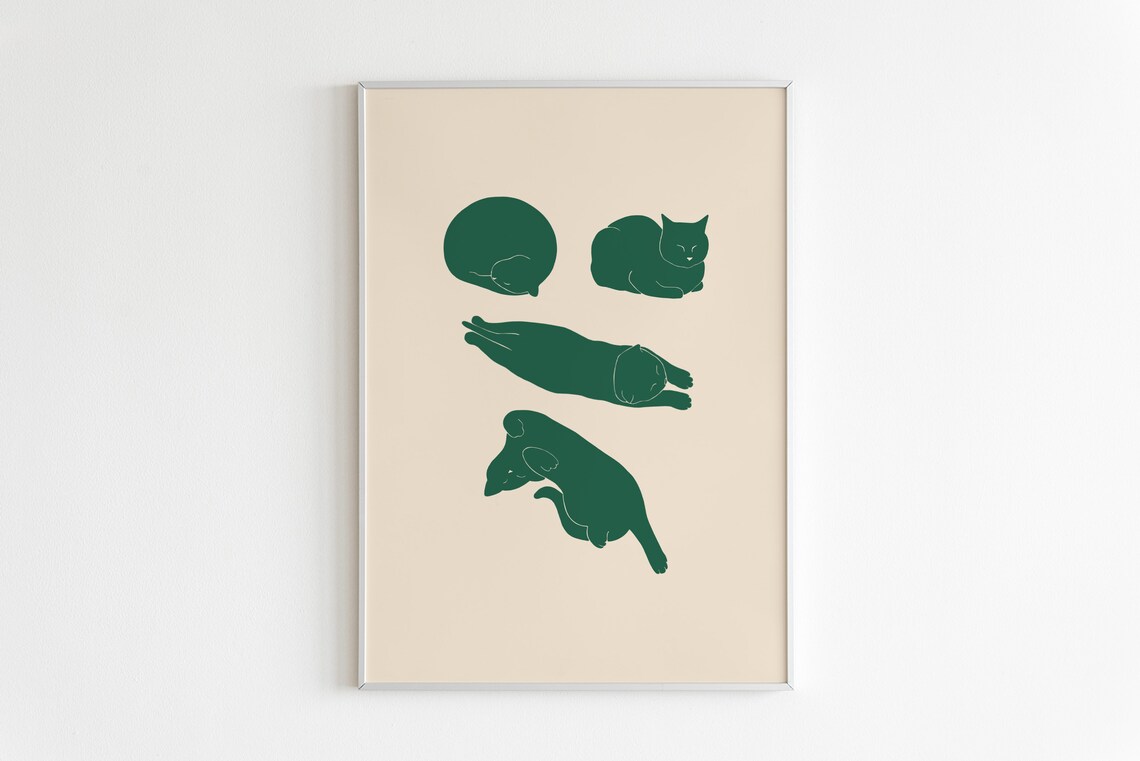 Sleeping Cat Illustrated Art Print, Cat Lover Decor