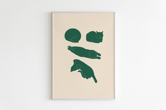 Sleeping Cat Illustrated Art Print, Cat Lover Decor