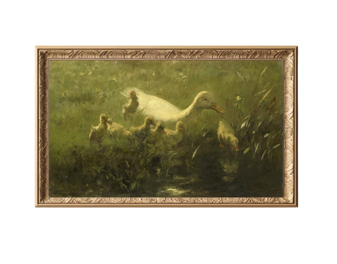 Vintage Duck And Ducklings, Countryside Painting