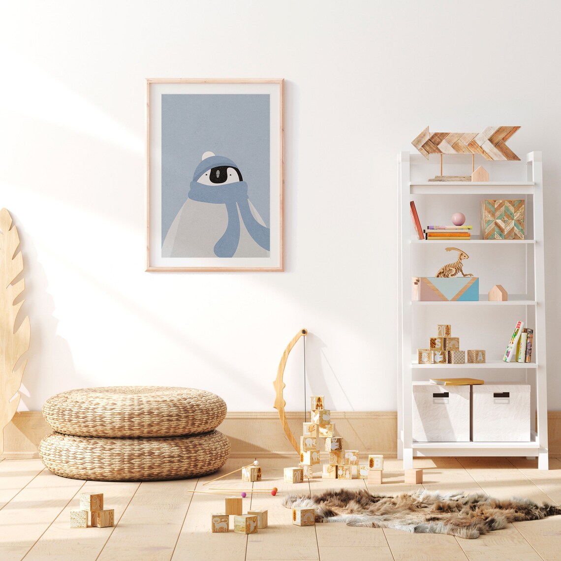 Emperor Penguin Winter Illustration Nursery Poster With Blue Scarf - Image 2