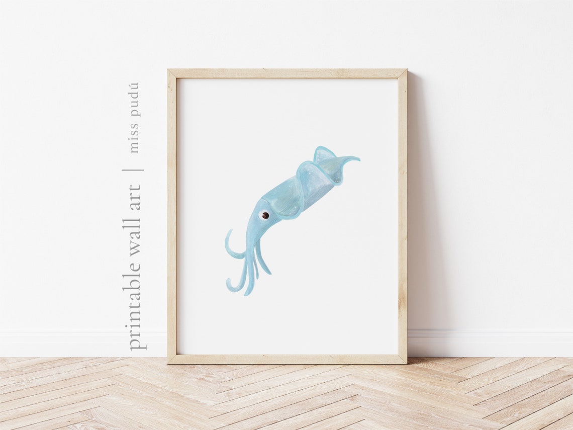 Aquamarine Squid Under the Sea Nursery Illustration Poster for Kids - Image 2