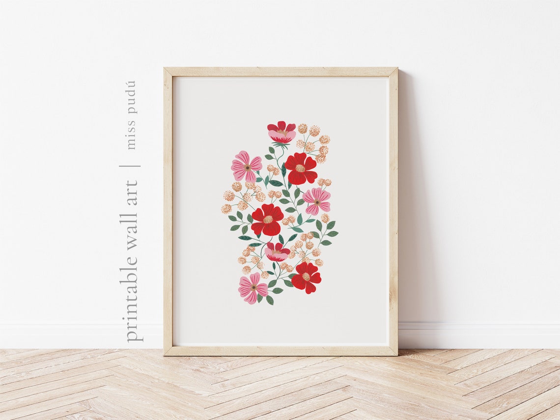 Red Pink Wildflower Bouquet Botanical Illustration Poster for Wall