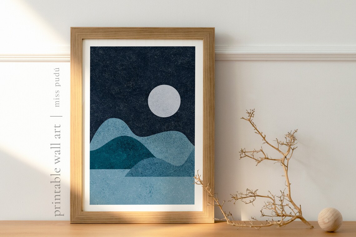 Abstract Night Mountains Blue Moon Minimalist Landscape Poster - Image 2