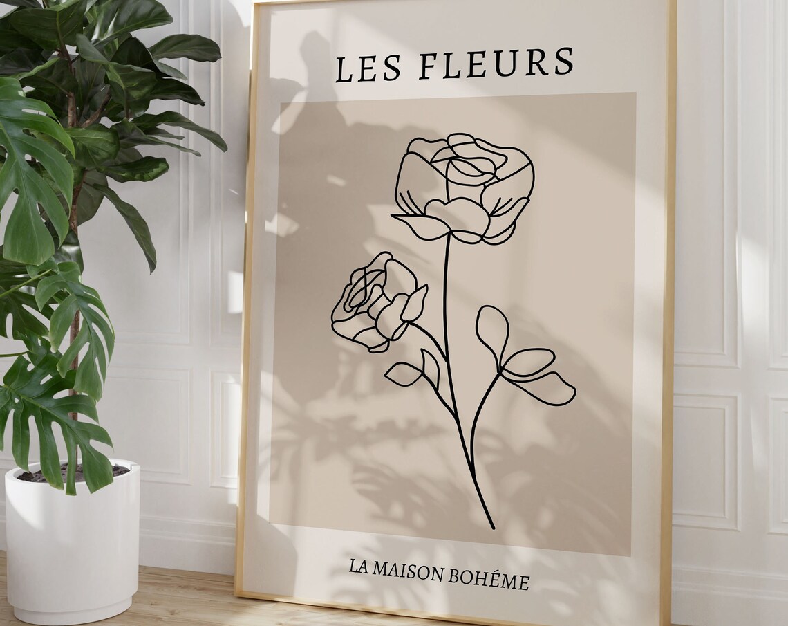 Les Fleurs Elegant Rose Line Drawing French Botanical Poster