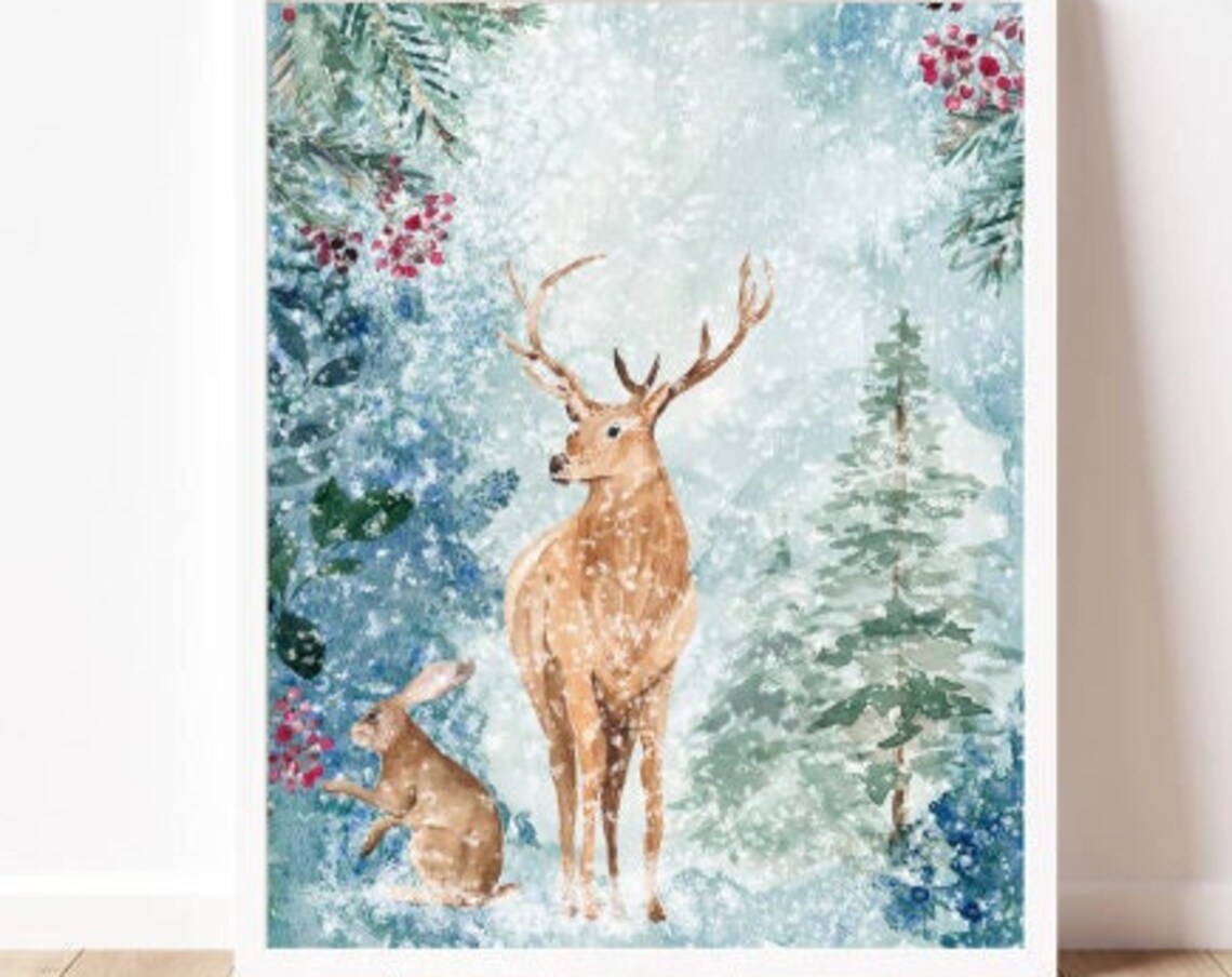 Winter Deer and Rabbit Snowy Forest Watercolor Holiday Animals Poster