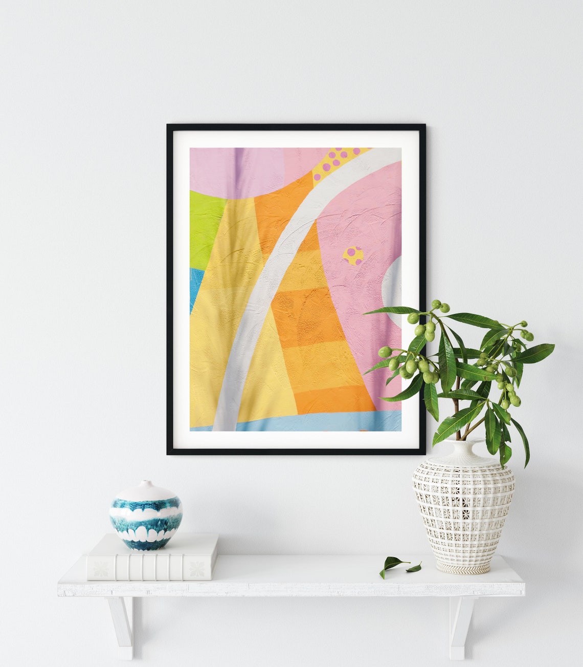 Pink and Orange Abstract Curved Geometric Painted Mural Poster - Image 2