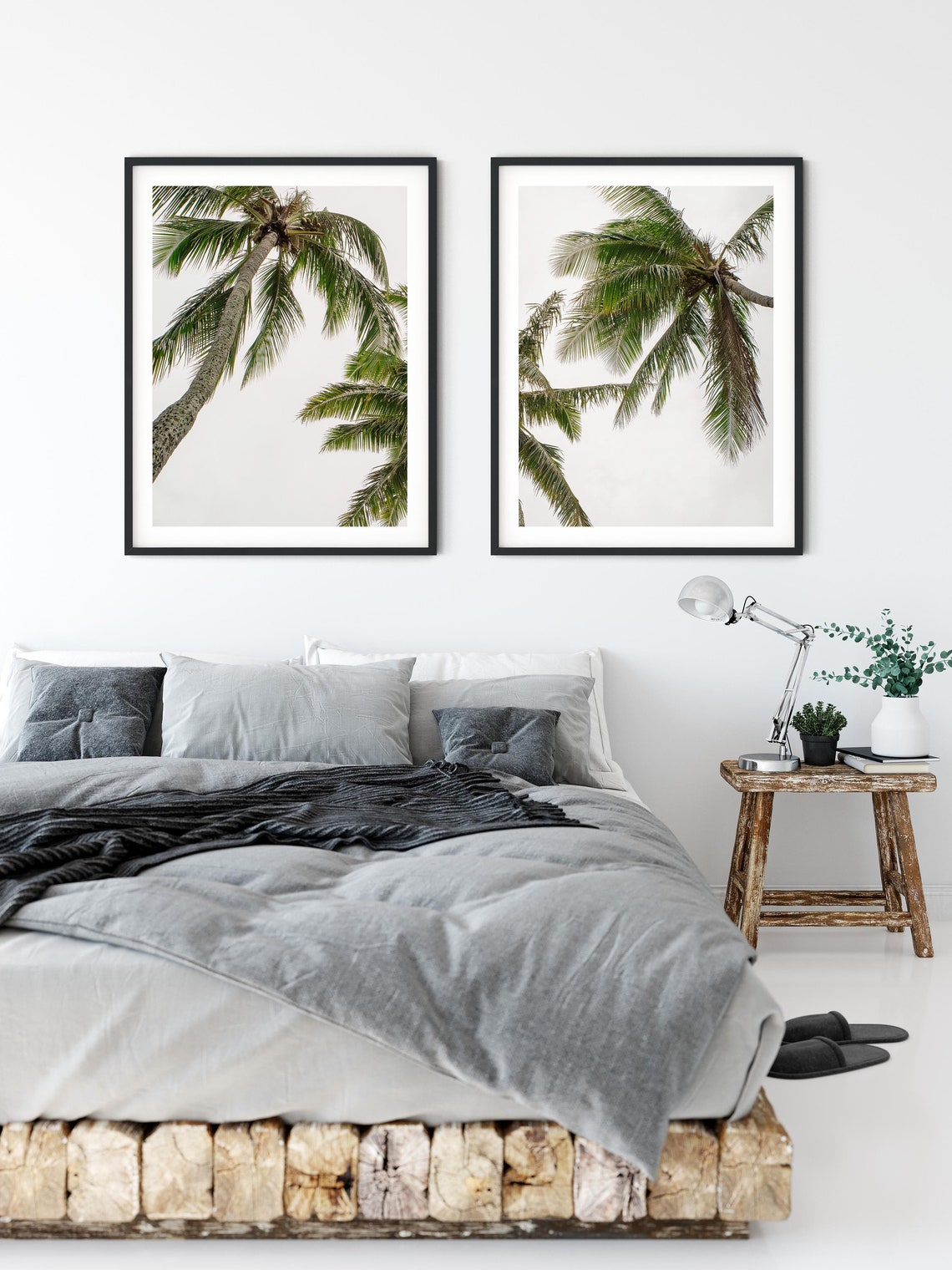 Upward View of Coconut Palm Trees Against a White Sky Poster - Image 2