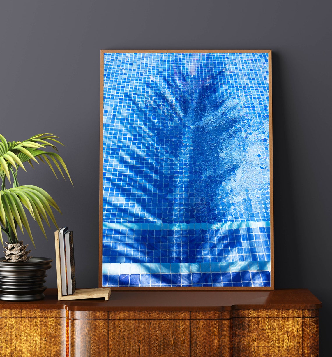 Palm Tree Shadow Dancing on a Blue Tiled Swimming Pool Poster - Image 2