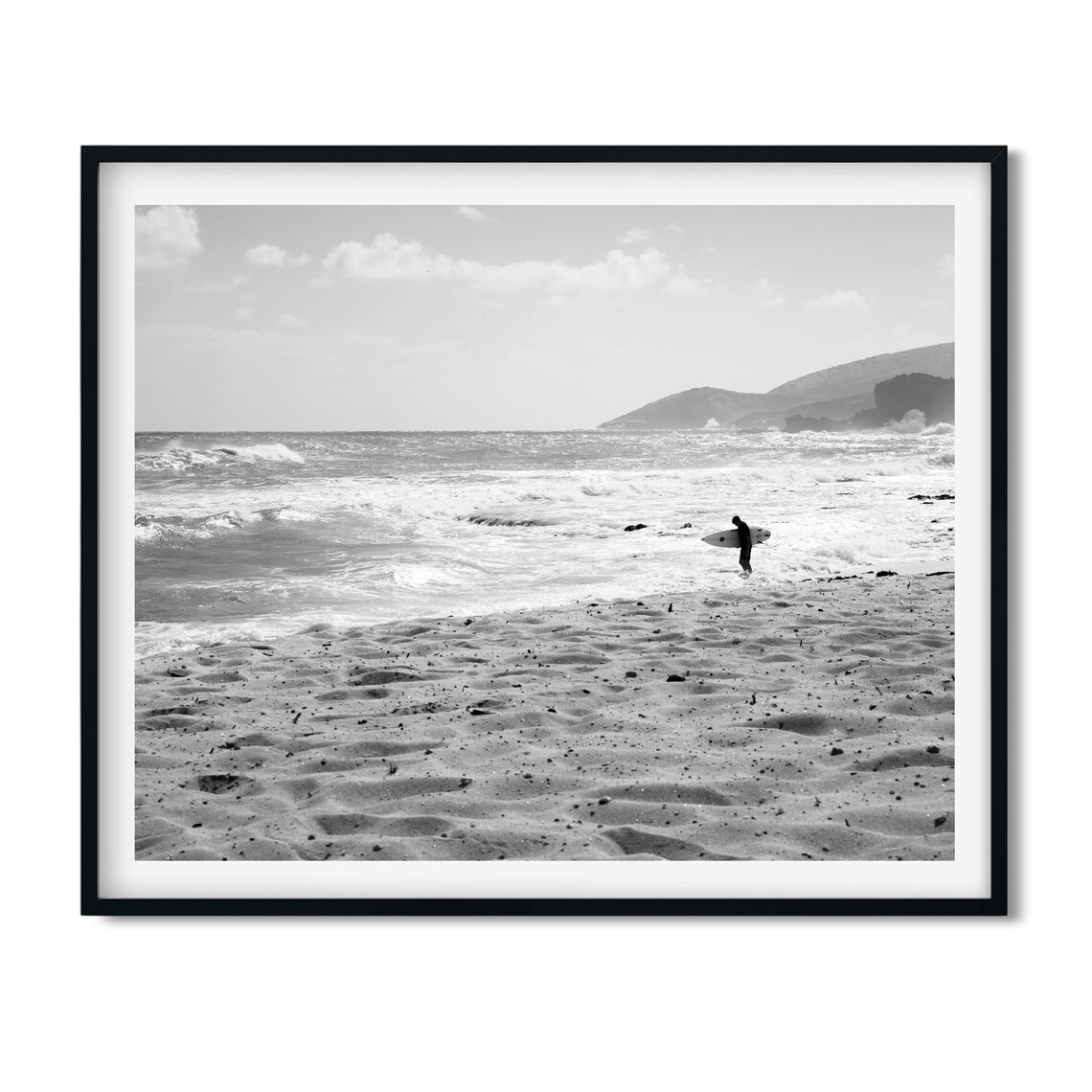 Black and White Surfer on Beach Holding Surfboard Photography Poster - Image 2