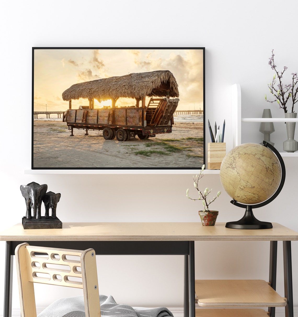 Tiki Bar Trailer on Sandy Beach at Golden Sunset Glow Poster - Image 2