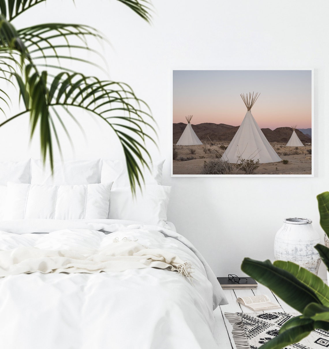 Three White Tipis Standing in Quiet Desert at Soft Dusk Poster - Image 2