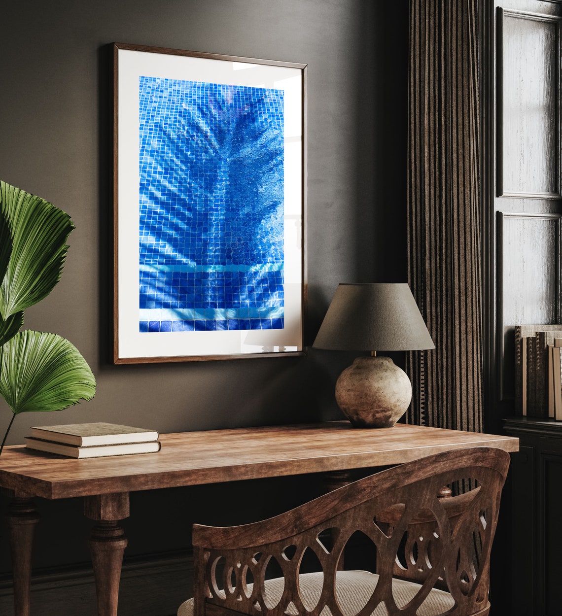 Palm Tree Shadow Dancing on a Blue Tiled Swimming Pool Poster - Image 3
